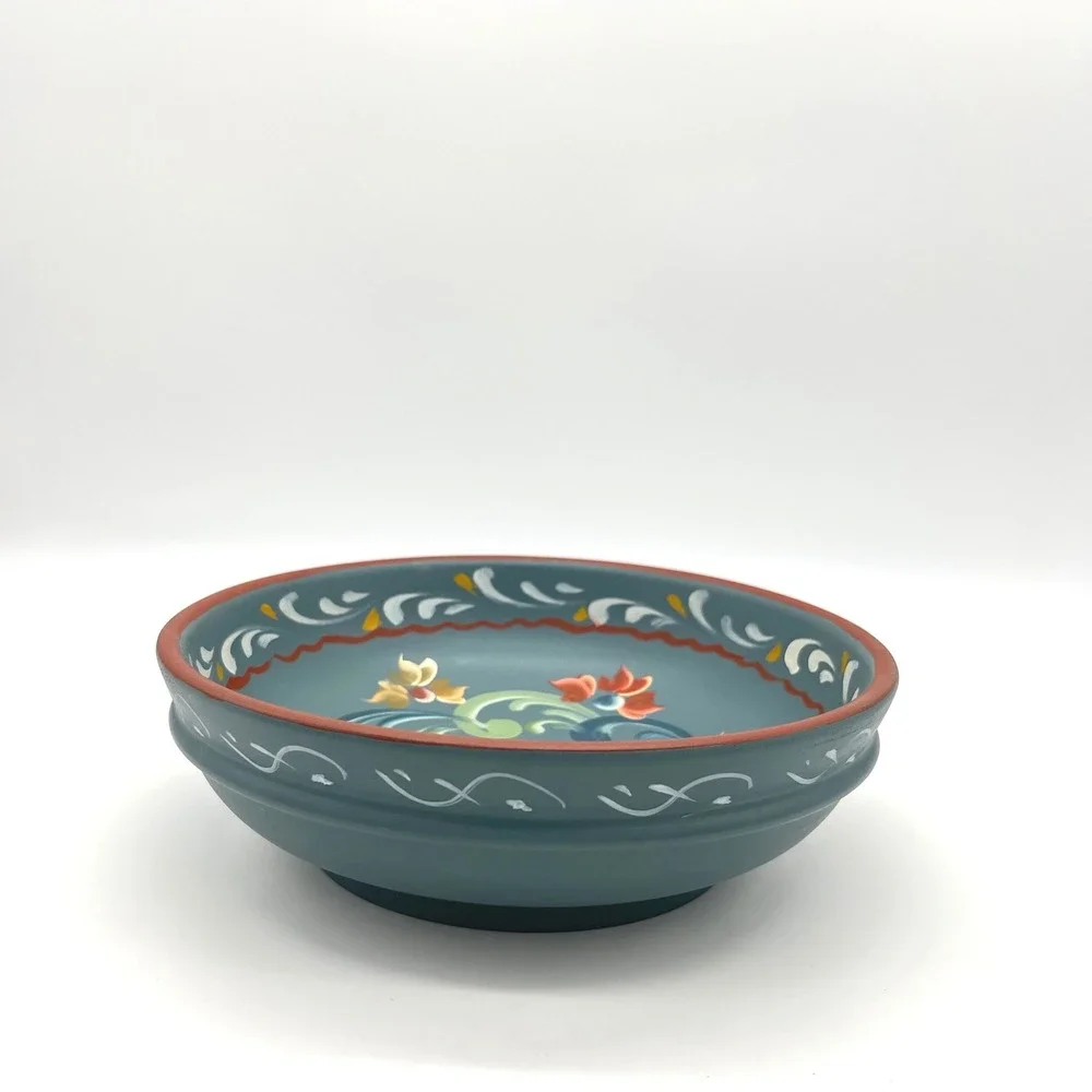 Vintage Rosemaling Hand Painted Wooden Bowl Teal Blue Scandinavian‎ Folk Art 8in
